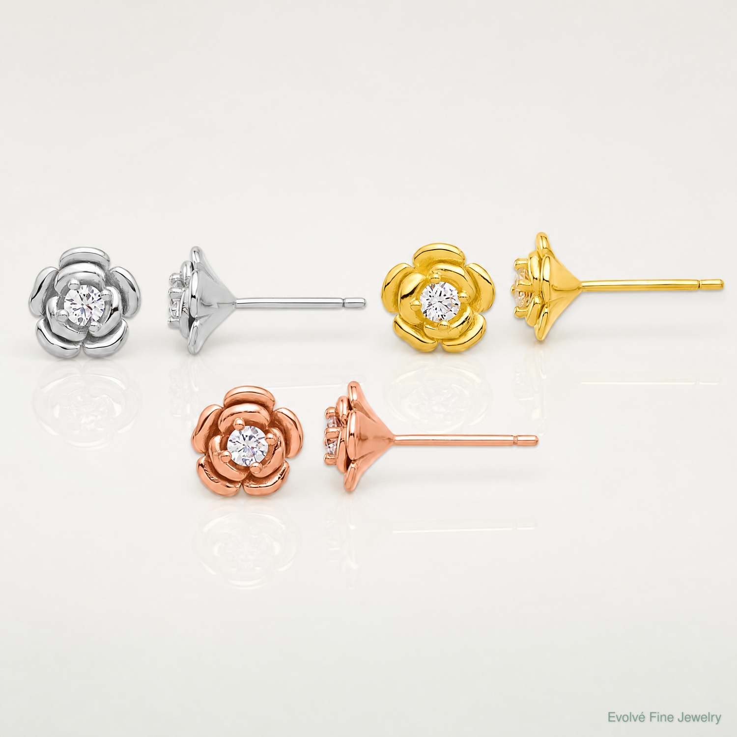 Sterling Silver Rhod-plt/Gold/Rose-tone CZ Rose 3 Pair Earrings Set - Lifestyle View