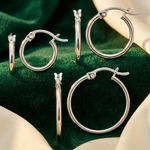 Sterling Silver Rhodium-plated Polished Set of 3 Hoop Earring Set - Lifestyle View
