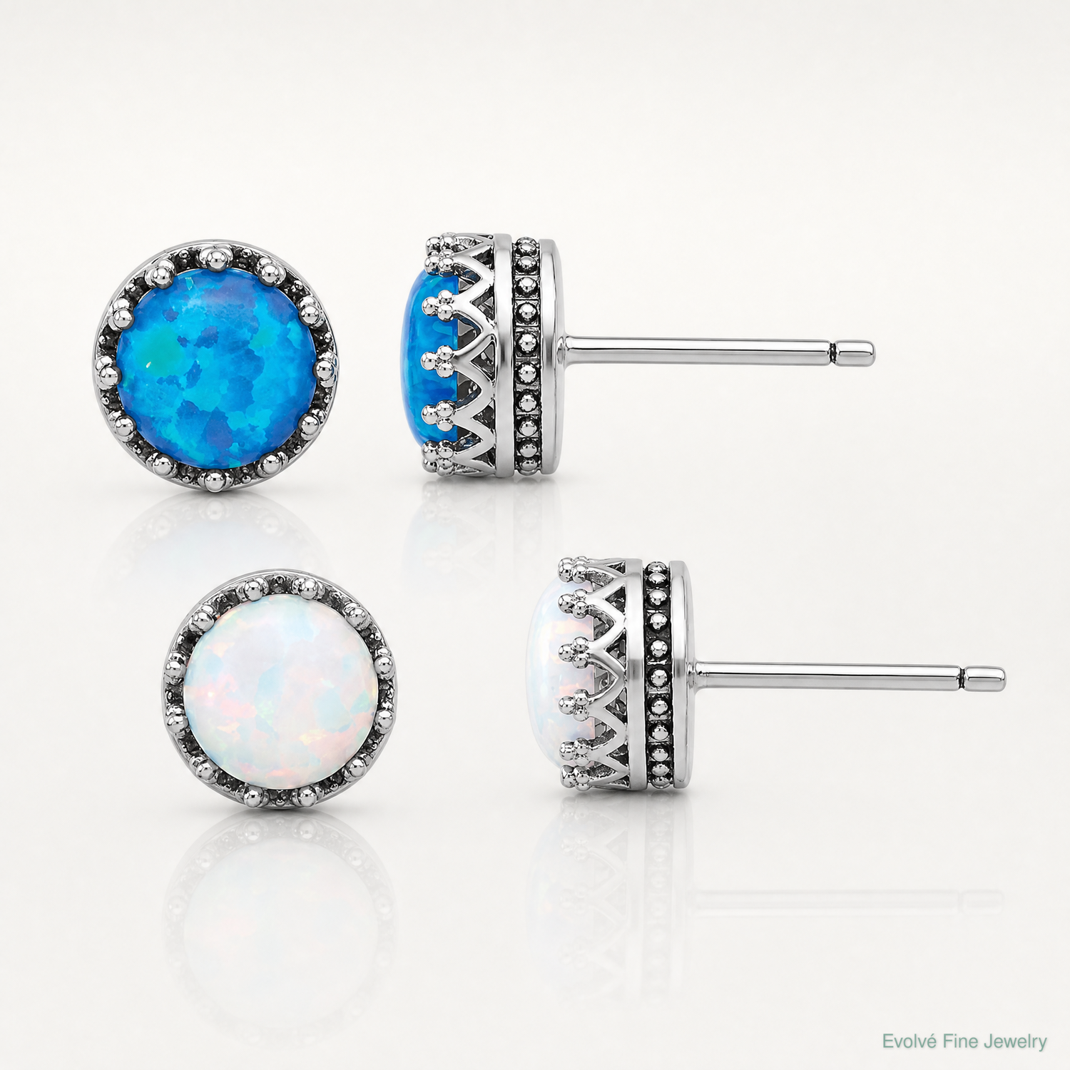 Sterling Silver Rh-plated 7mm Cr. Blue Opal / White Opal Post Earring Set - Lifestyle View