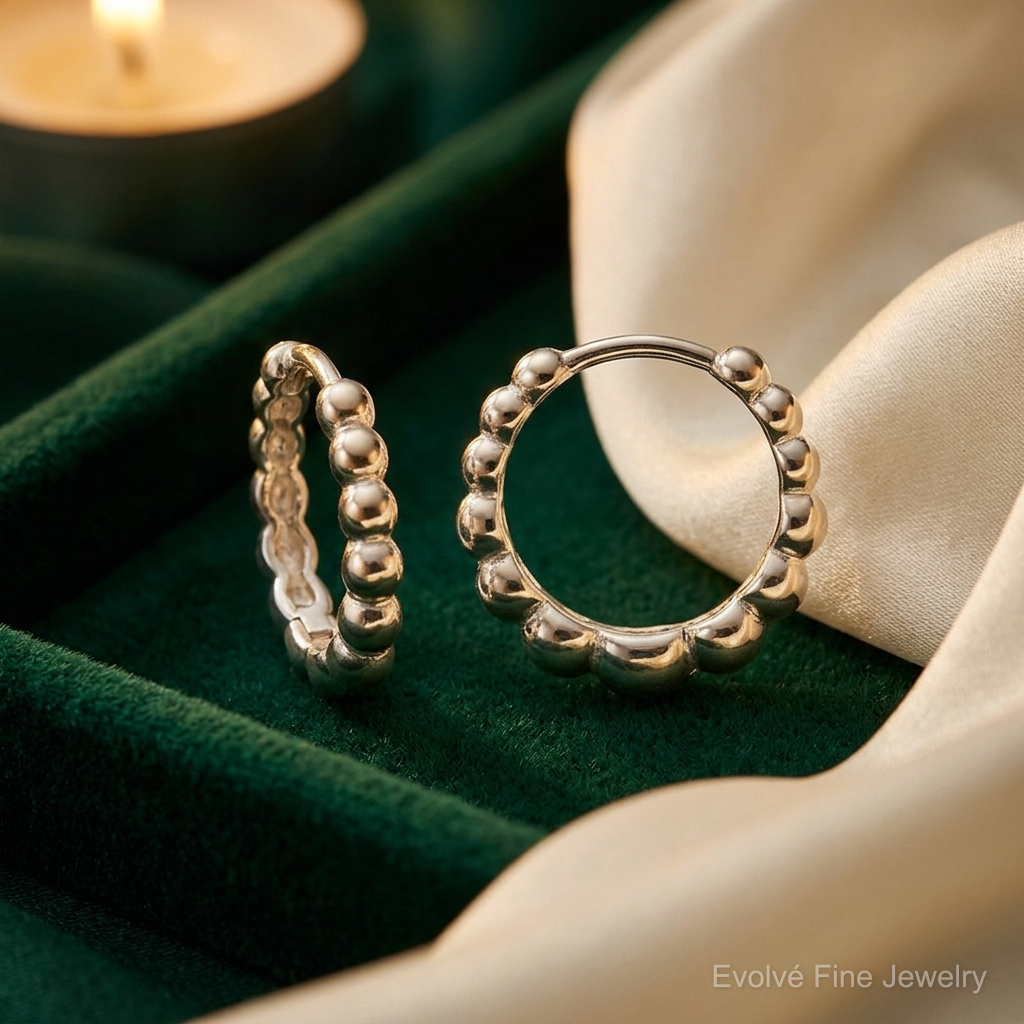 Sterling Silver E-coated Beaded Hinged Hoop Earrings - Lifestyle View
