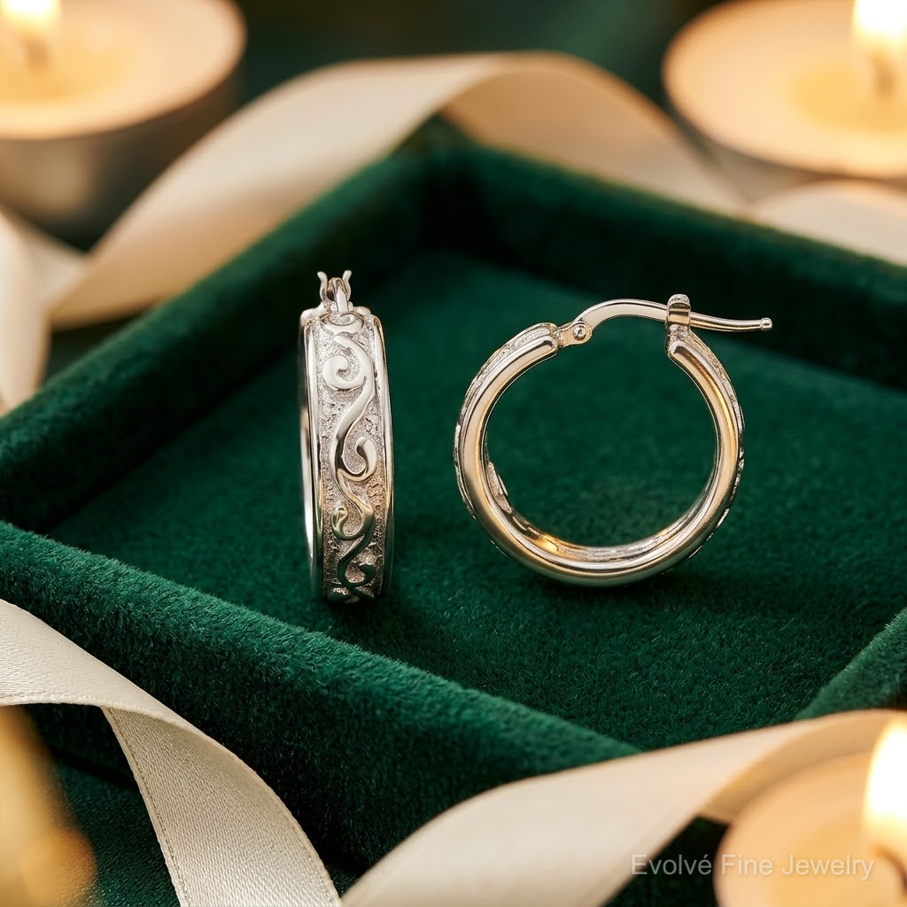 Sterling Silver Rhod-plated Polished and Textured Round Hoop Earrings - Lifestyle View