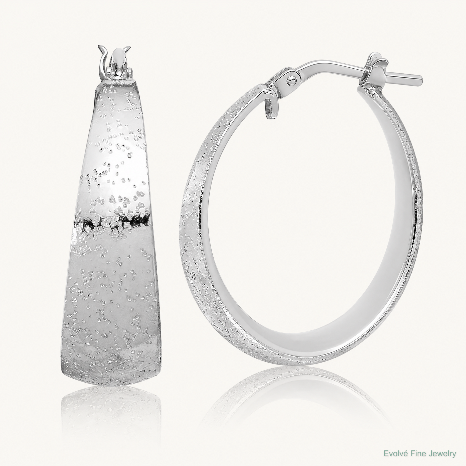 Sterling Silver RH-plated Sparkle Texture Tapered Round Hoop Earrings - Lifestyle View