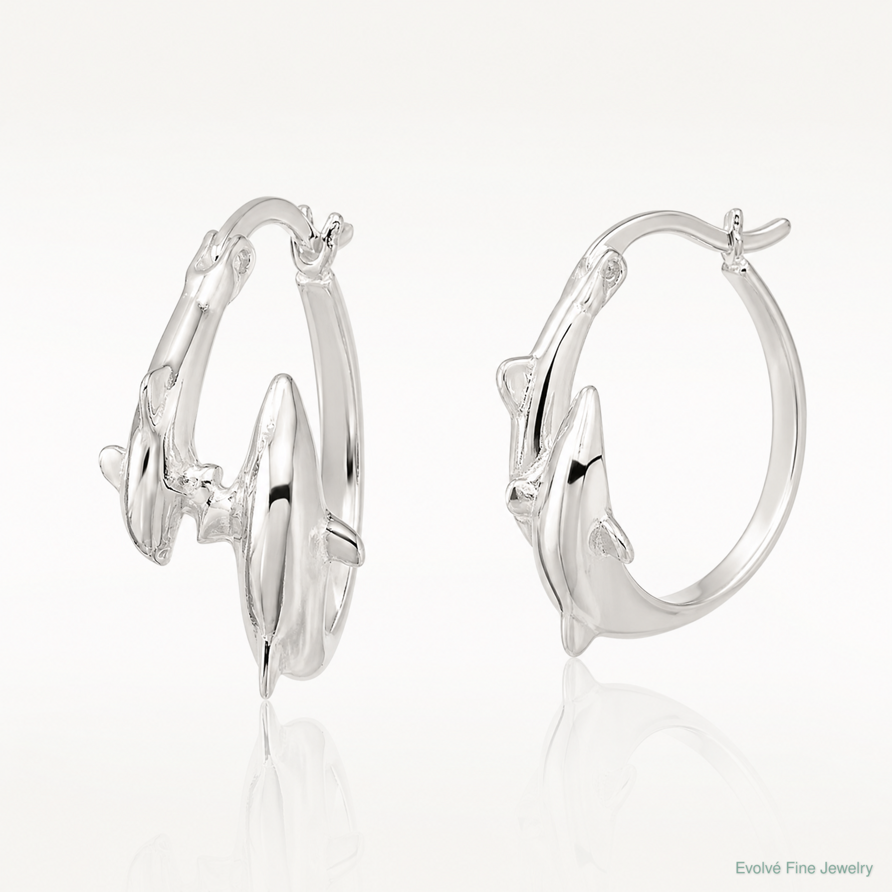 Sterling Silver Polished Dolphins Round Hoop Earrings - Lifestyle View