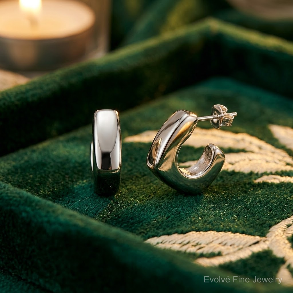 Sterling Silver Rhodium-plated Polished Square C-Hoop Post Earrings - Lifestyle View