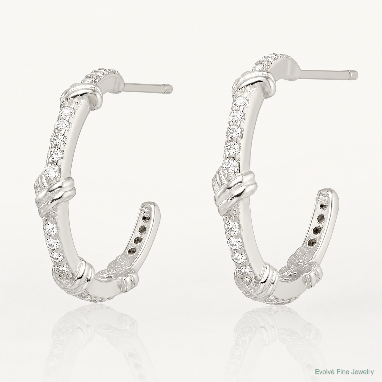 Sterling Silver E-Coating Polished CZ Knot C-Hoop Earrings - Lifestyle View