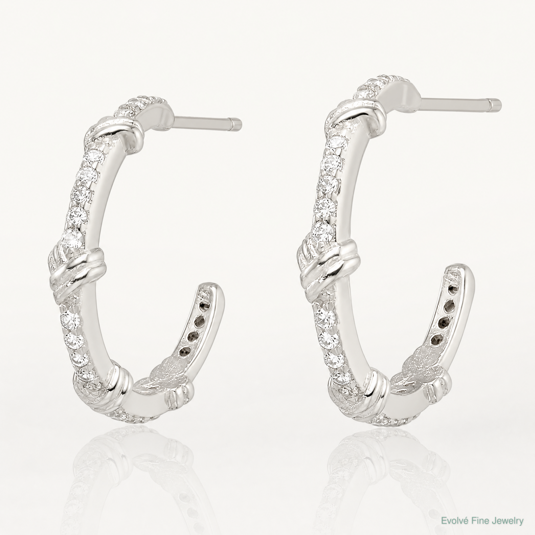 Sterling Silver E-Coating Polished CZ Knot C-Hoop Earrings - Lifestyle View