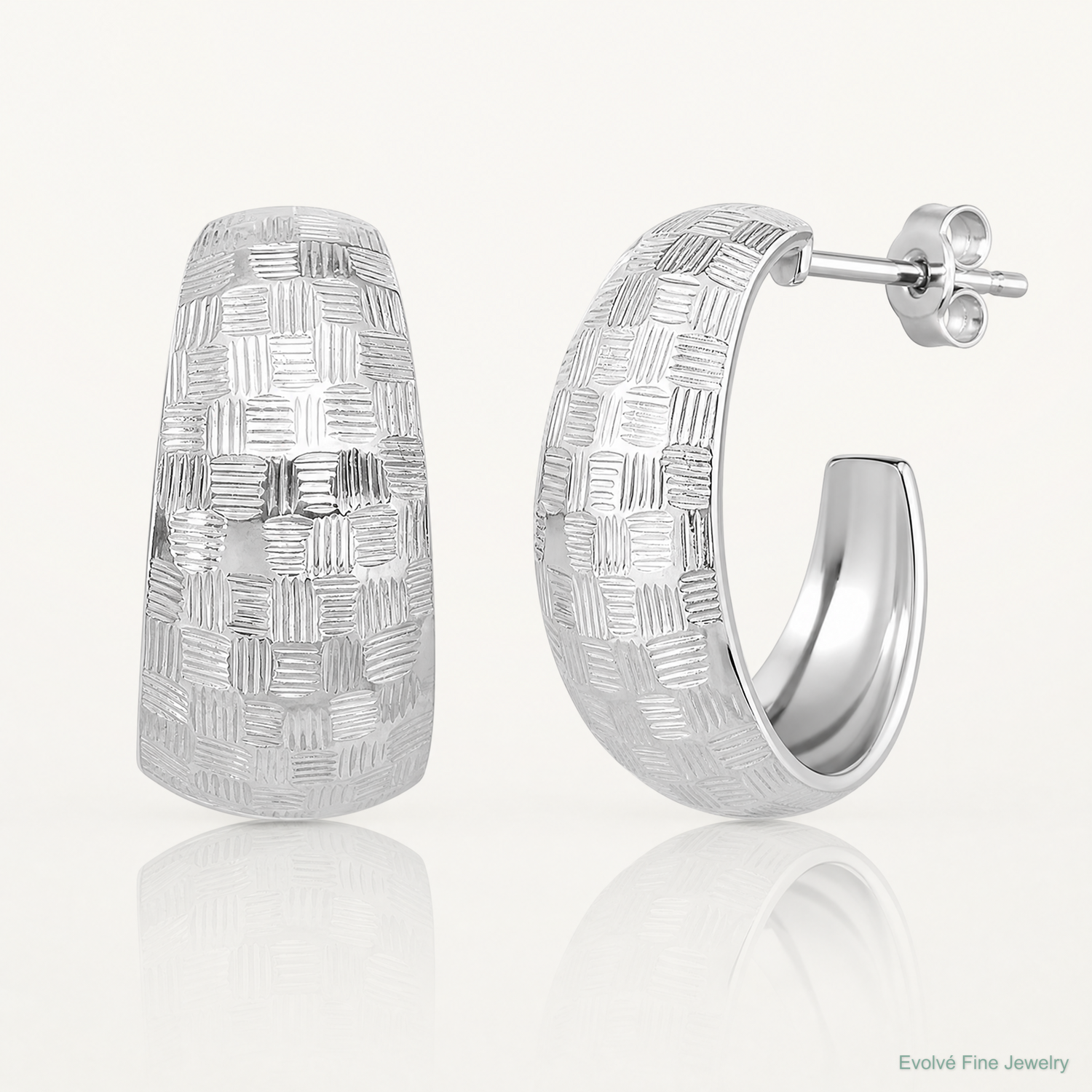 Sterling Silver Rhodium-plated Polish Textured C-Hoop Post Earrings - Lifestyle View