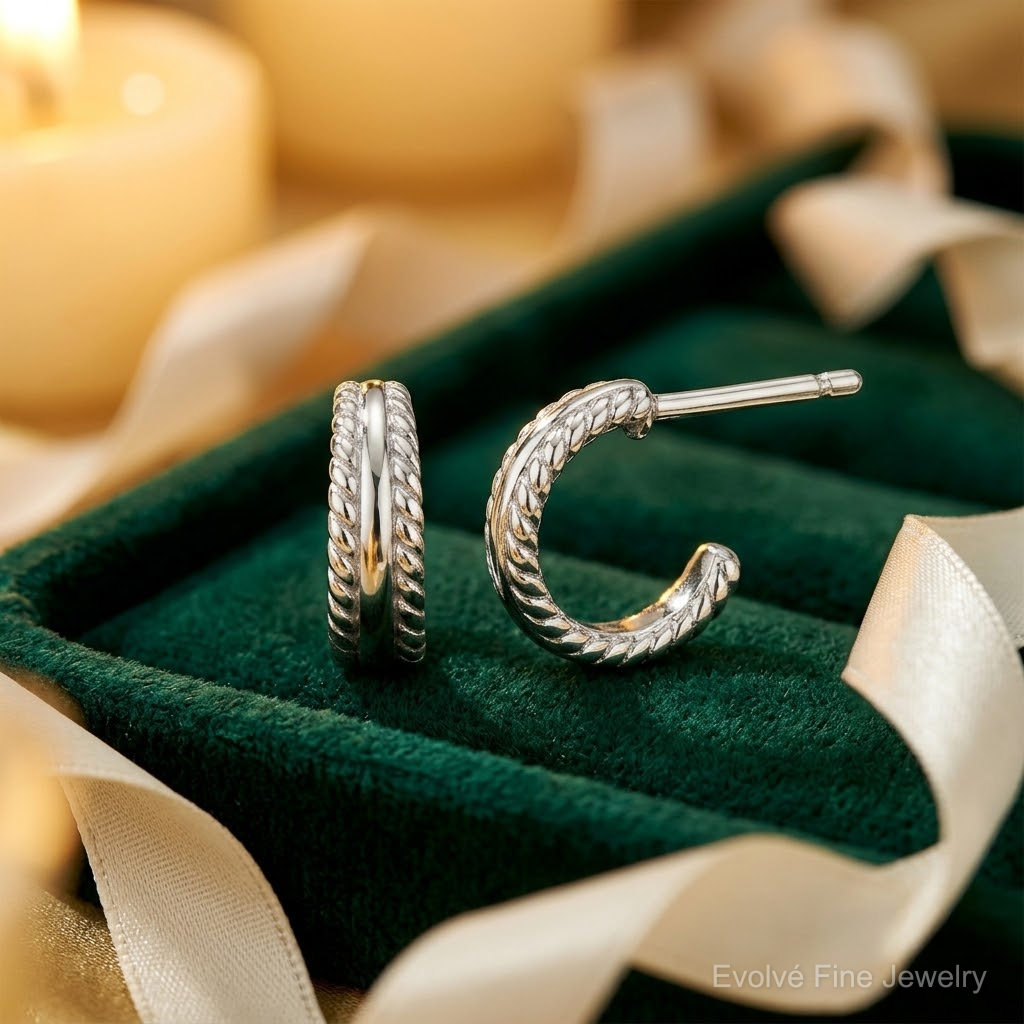 Sterling Silver E-coated Textured Edge C-Hoop Earrings - Lifestyle View