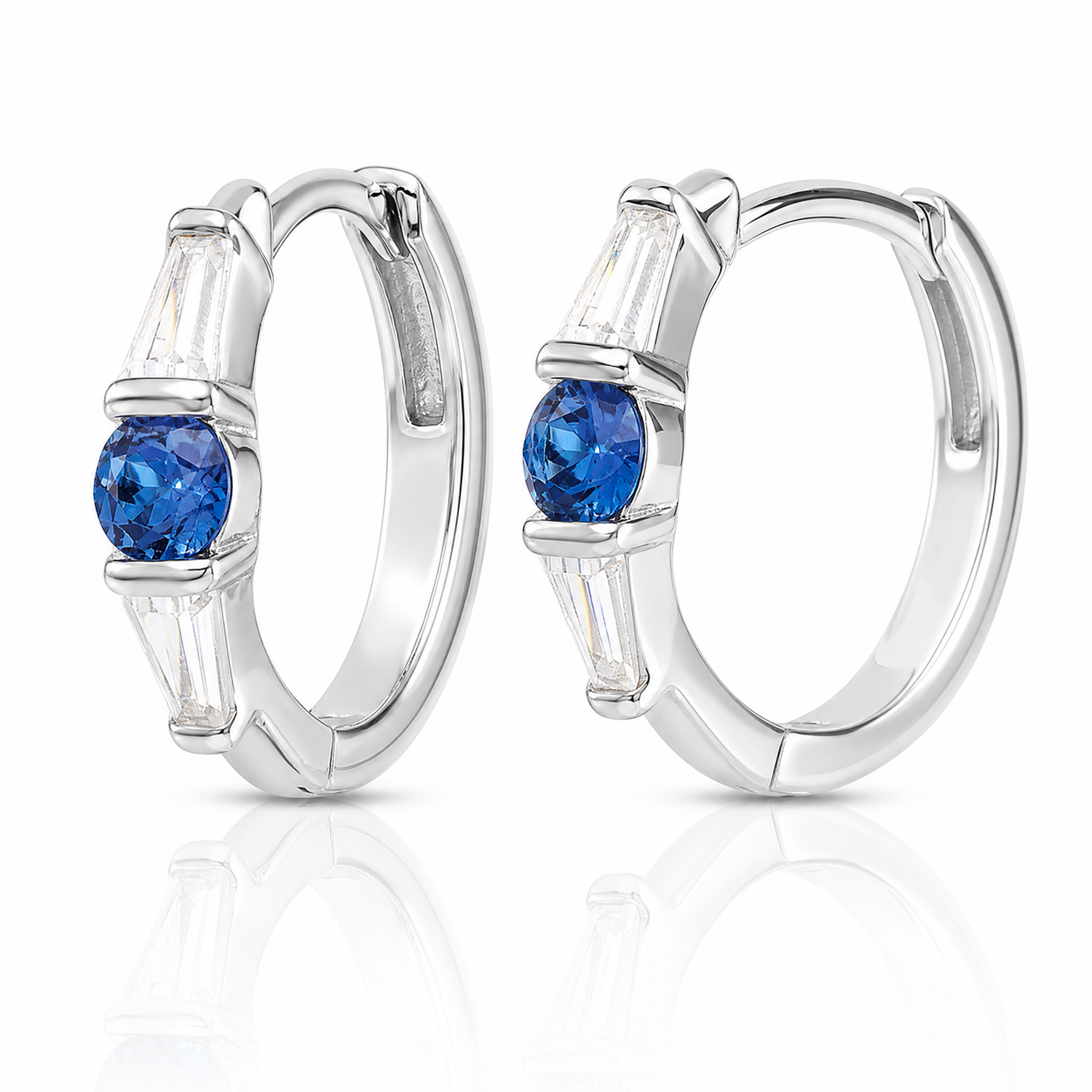 Sterling Silver Rhodium-plated Blue Spinel and CZ Hinged Hoop Earrings - Lifestyle View