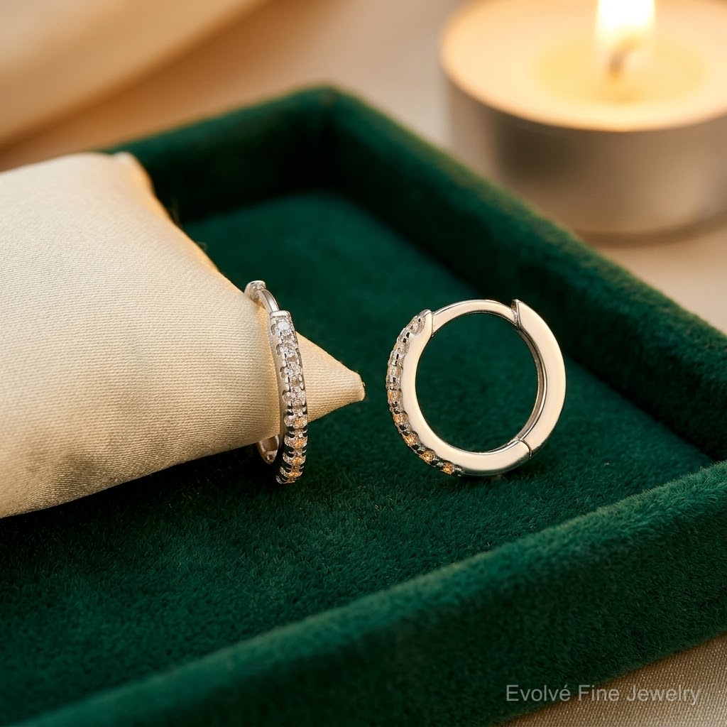 Sterling Silver E-Coating Polished CZ Hinged Hoop Earrings - Lifestyle View