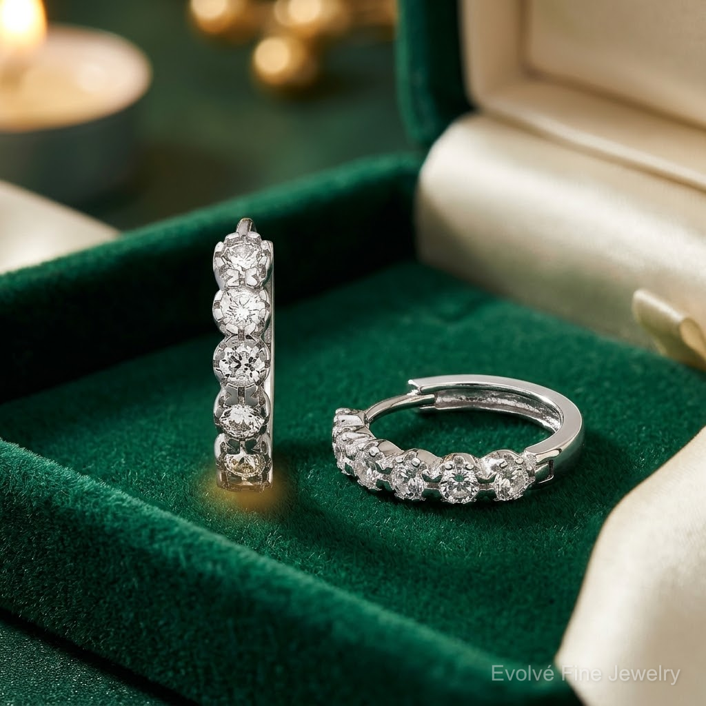 Sterling Silver Rhodium-plated Polished CZ Hinged Huggie Hoop Earrings - Lifestyle View