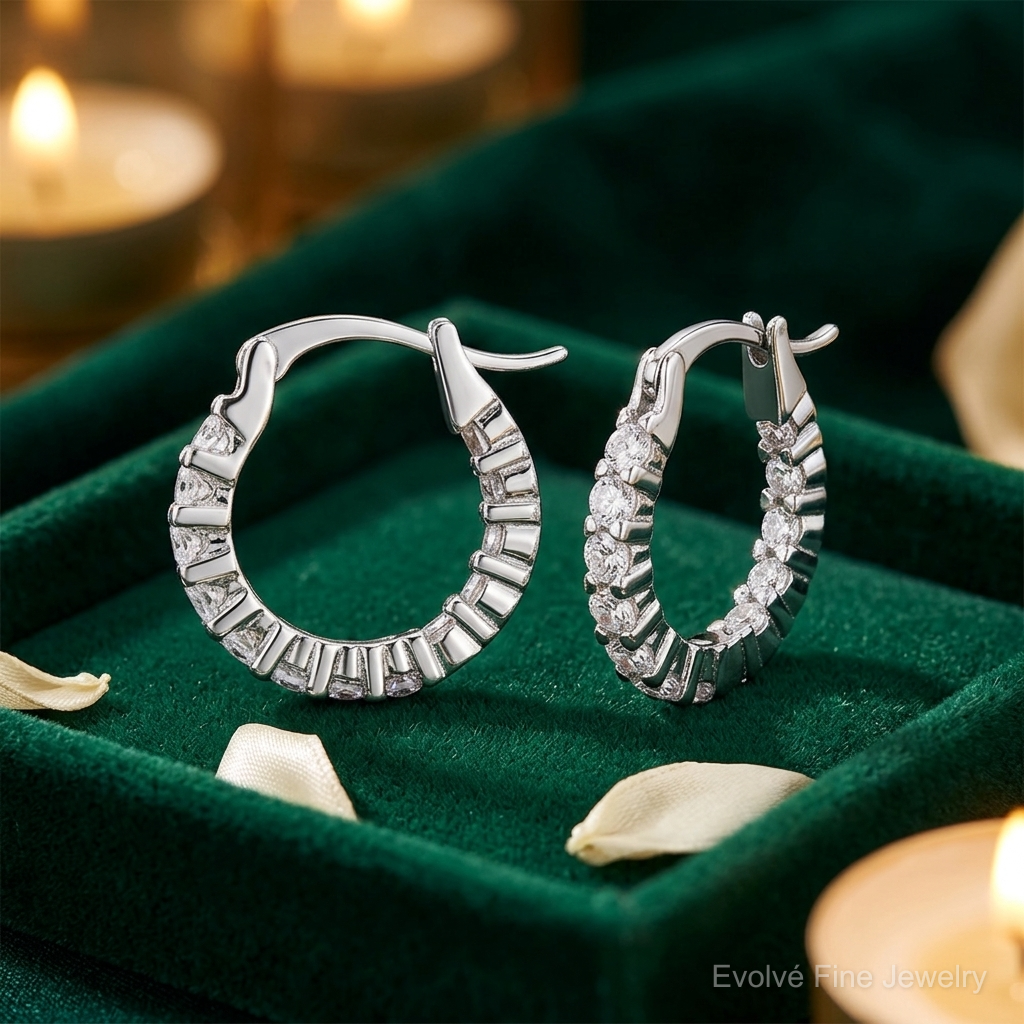 Sterling Silver Rhodium-plated 2mm CZ In/Out Hoop Earrings - Lifestyle View