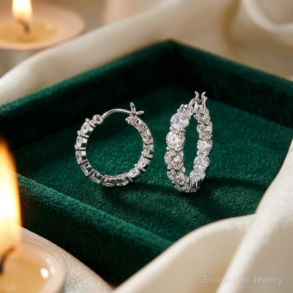 Sterling Silver Rhodium-plated In and Out CZ Hoop Earrings - Lifestyle View