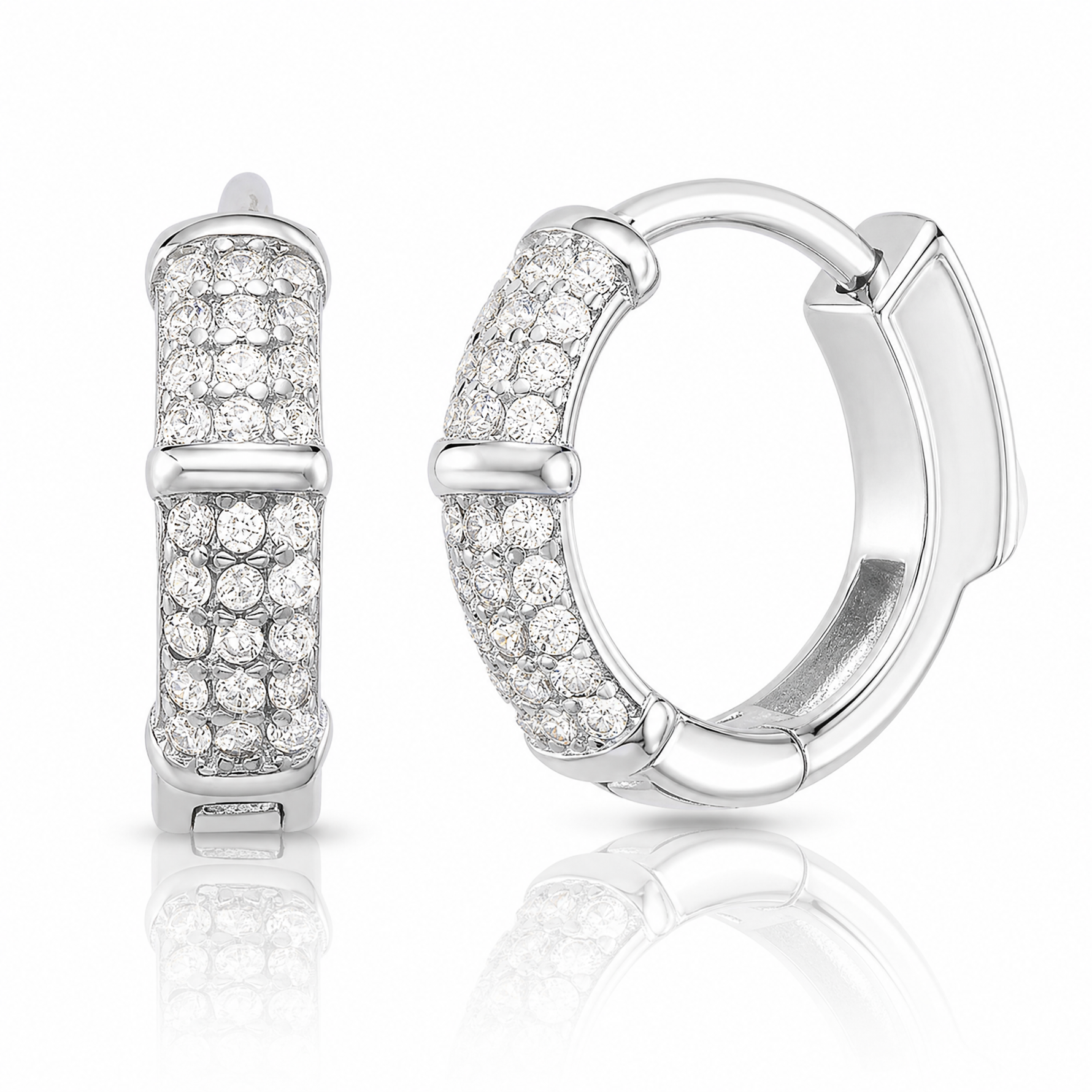 Sterling Silver Rhodium-plated 4mm CZ Hinged Huggie Hoop Earrings - Lifestyle View