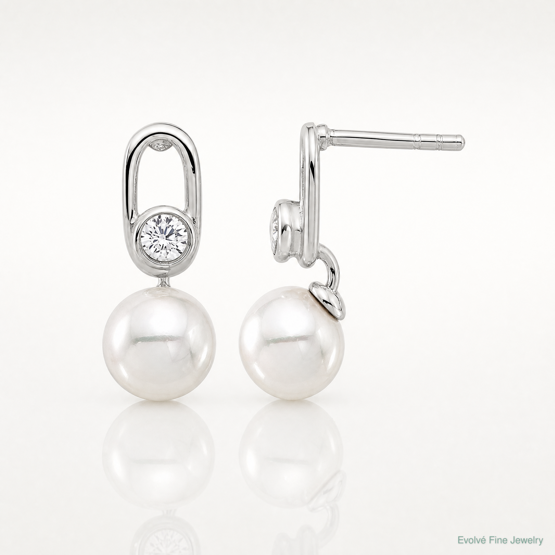Sterling Silver E-coated Polished 6-7mm Shell Pearl and CZ Post Earrings - Lifestyle View
