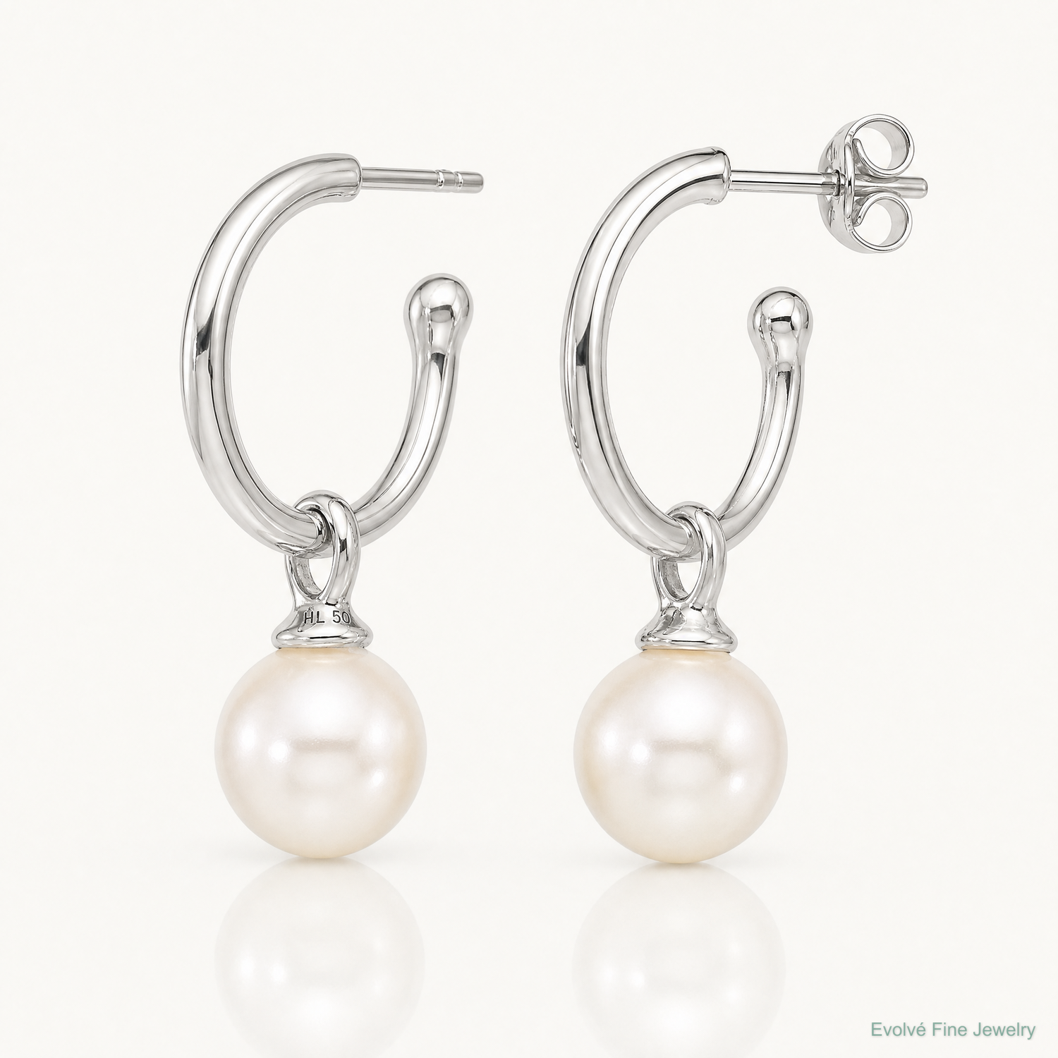 Sterling Silver Polished Dangling 10mm Glass Pearl Post C-Hoop Earrings - Lifestyle View