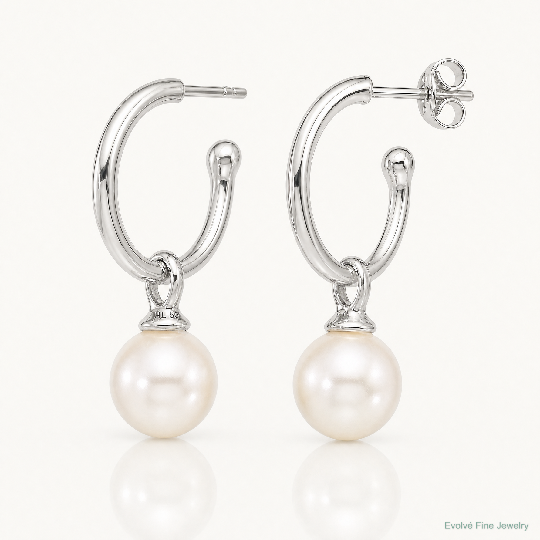 Sterling Silver Polished Dangling 10mm Glass Pearl Post C-Hoop Earrings - Lifestyle View