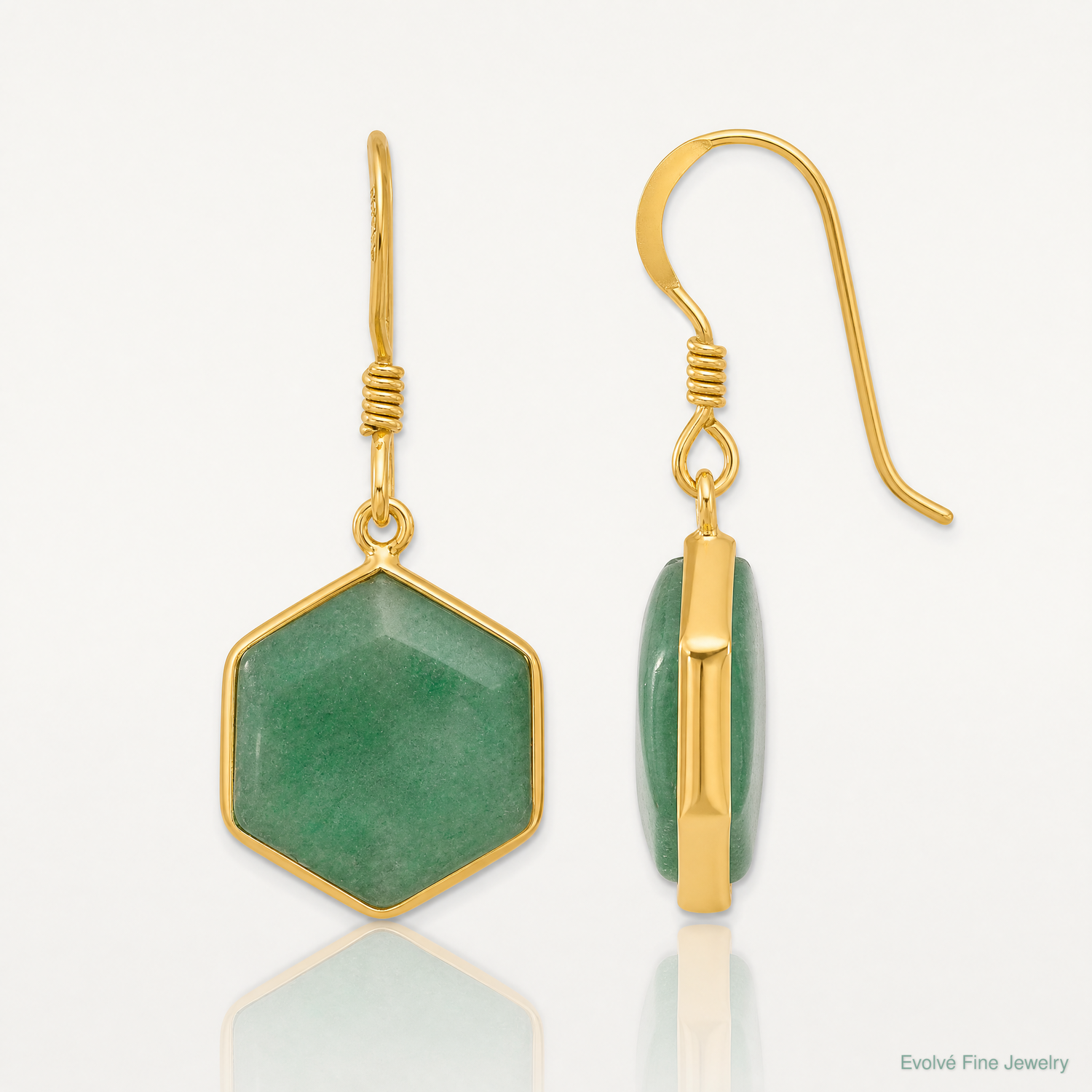 Sterling Silver Gold-plated Polished Hexagon Aventurine Dangle Earrings - Lifestyle View