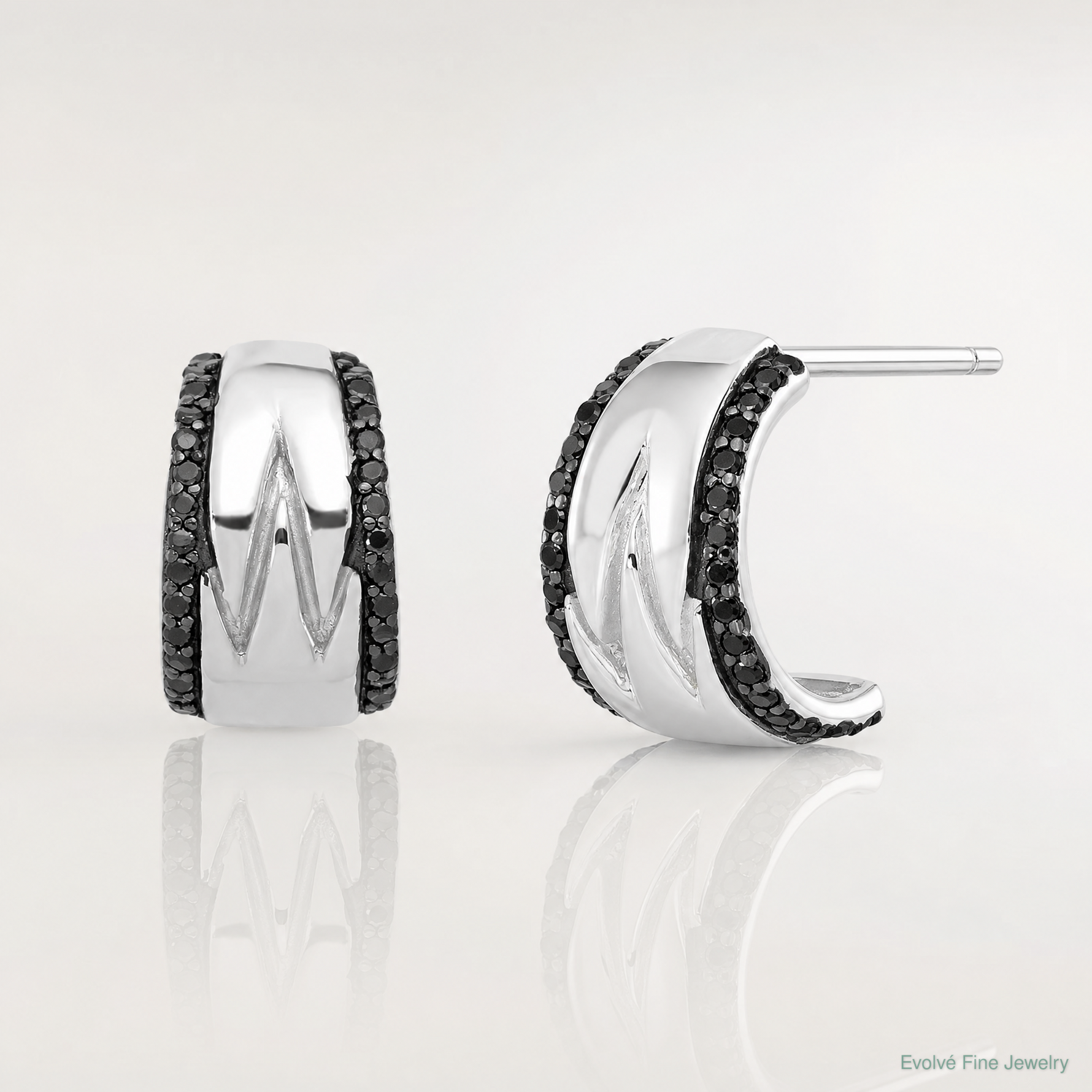 Sterling Silver RH-plated Polished Black Spinel Post C-Hoop Earrings - Lifestyle View