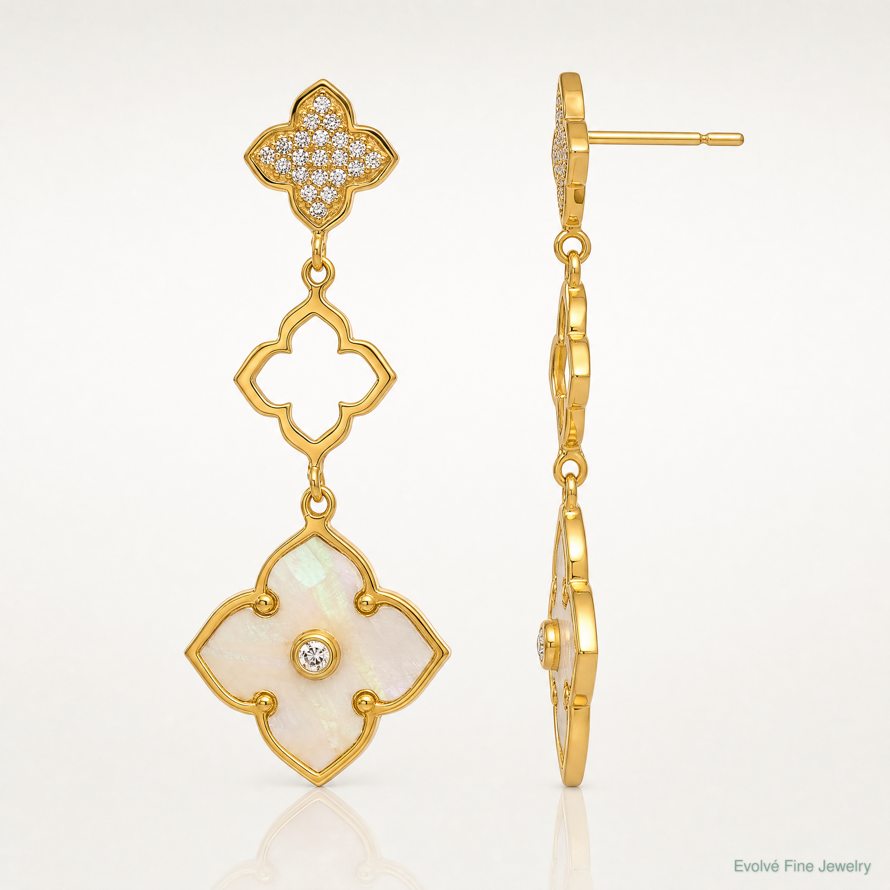 Sterling Silver Gold-tone Polished MOP & CZ Floral Post Dangle Earrings - Lifestyle View
