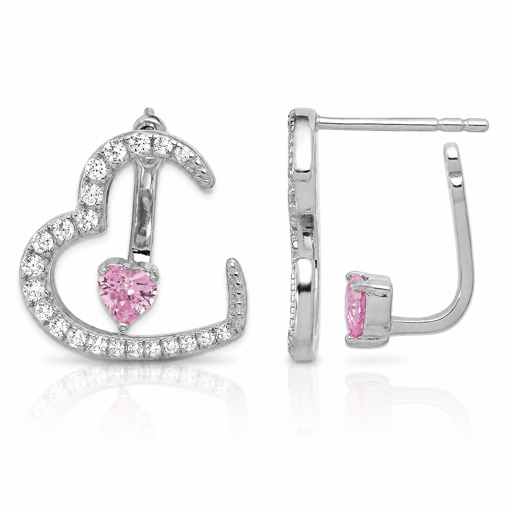 Sterling Silver Rh-plated White and Pink CZ Heart w/ Jacket Post Earrings - Lifestyle View