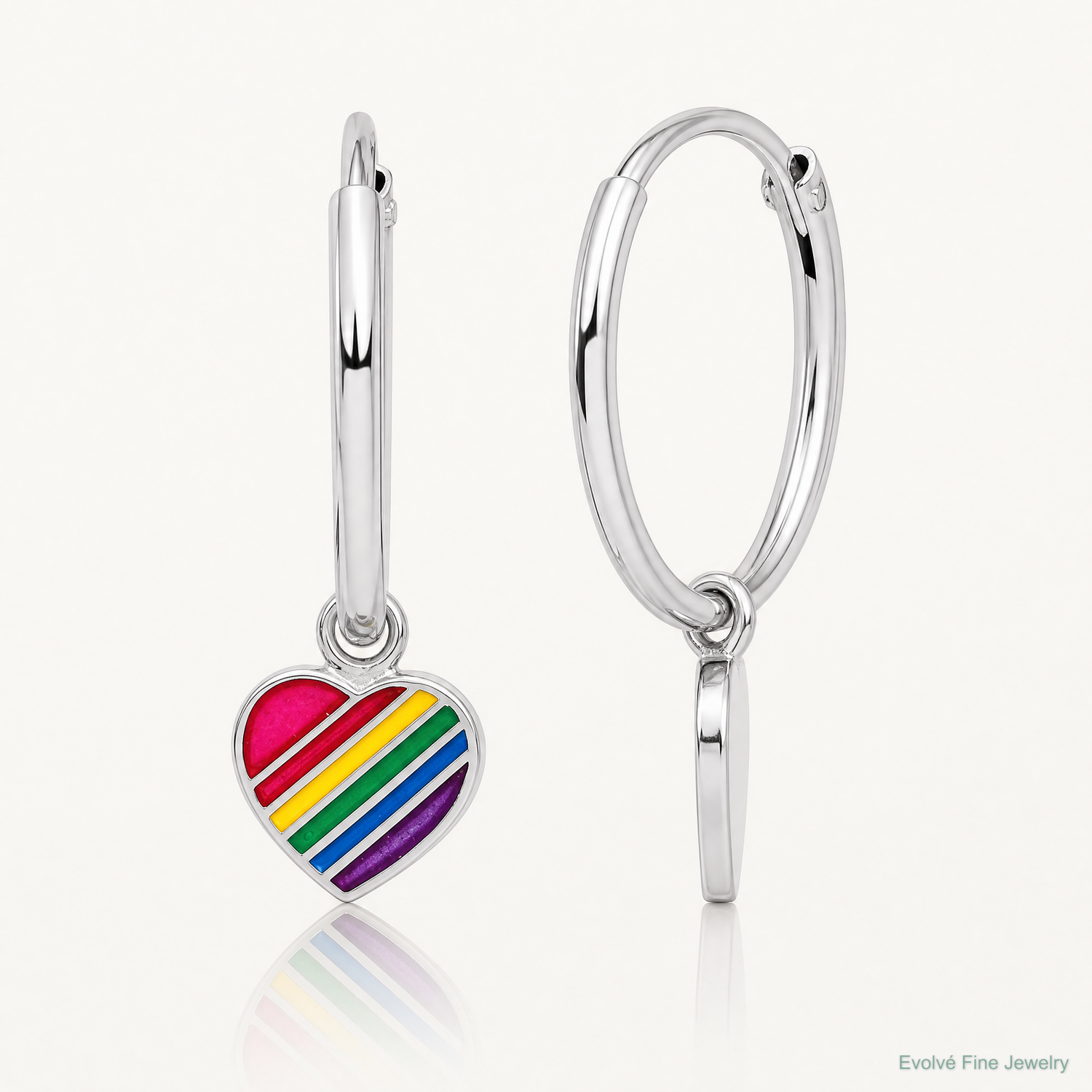 Sterling Silver Rh-plt Enamel Rainbow Heart Dangle Eternity Hoop Earrings - Lifestyle View