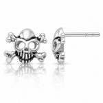 Sterling Silver Rhodium-plated Antiqued Skull and Crossbones Post Earrings - Lifestyle View