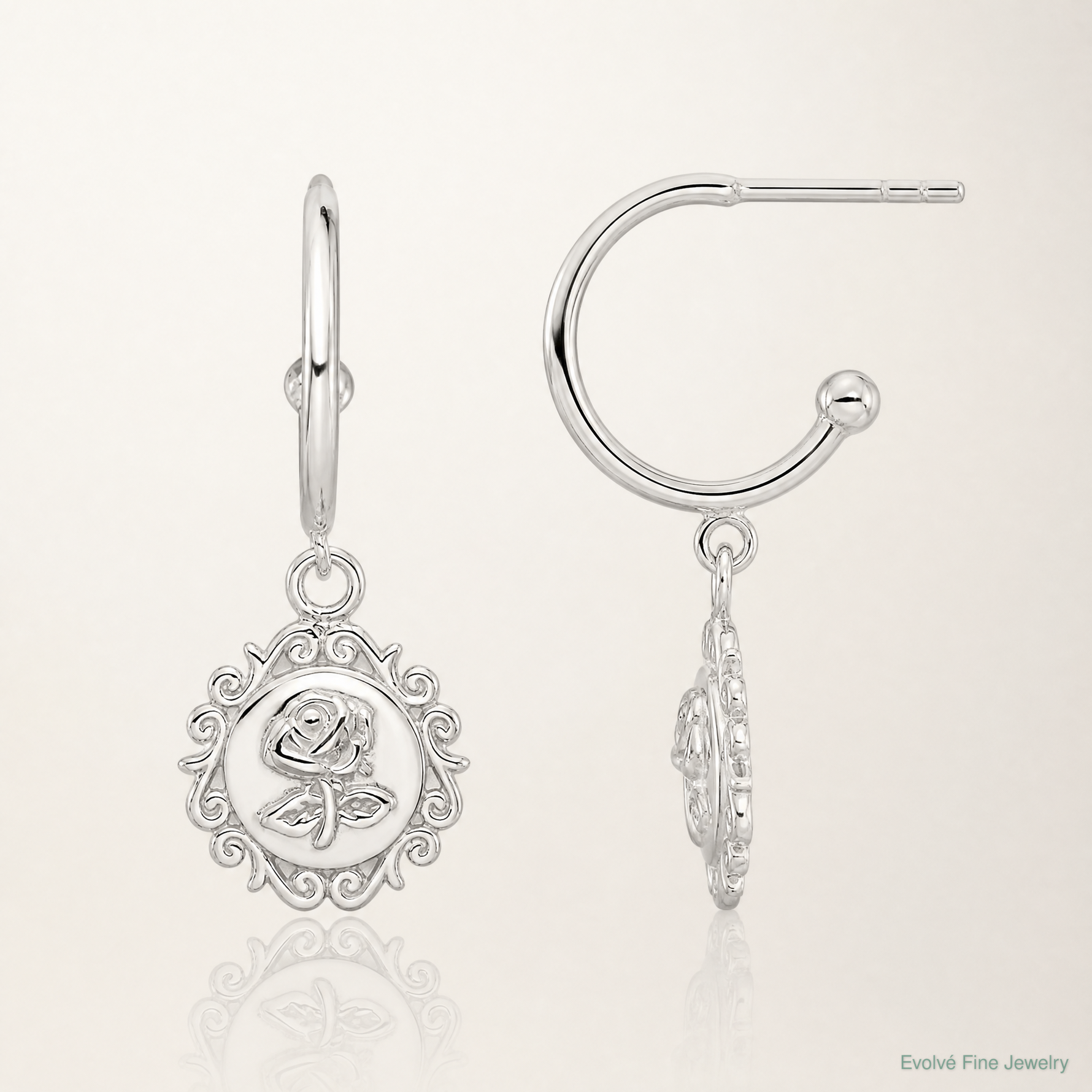 Sterling Silver E-coated Rose Dangle Post Hoop Earrings - Lifestyle View