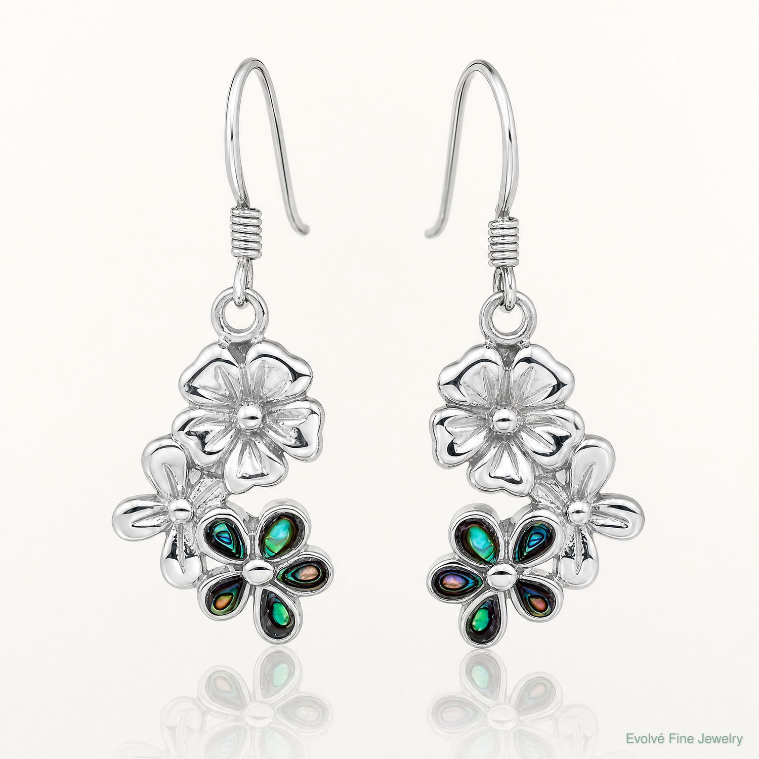 Sterling Silver Rhodium-Plated Polished Abalone Trio Flower Earrings - Lifestyle View