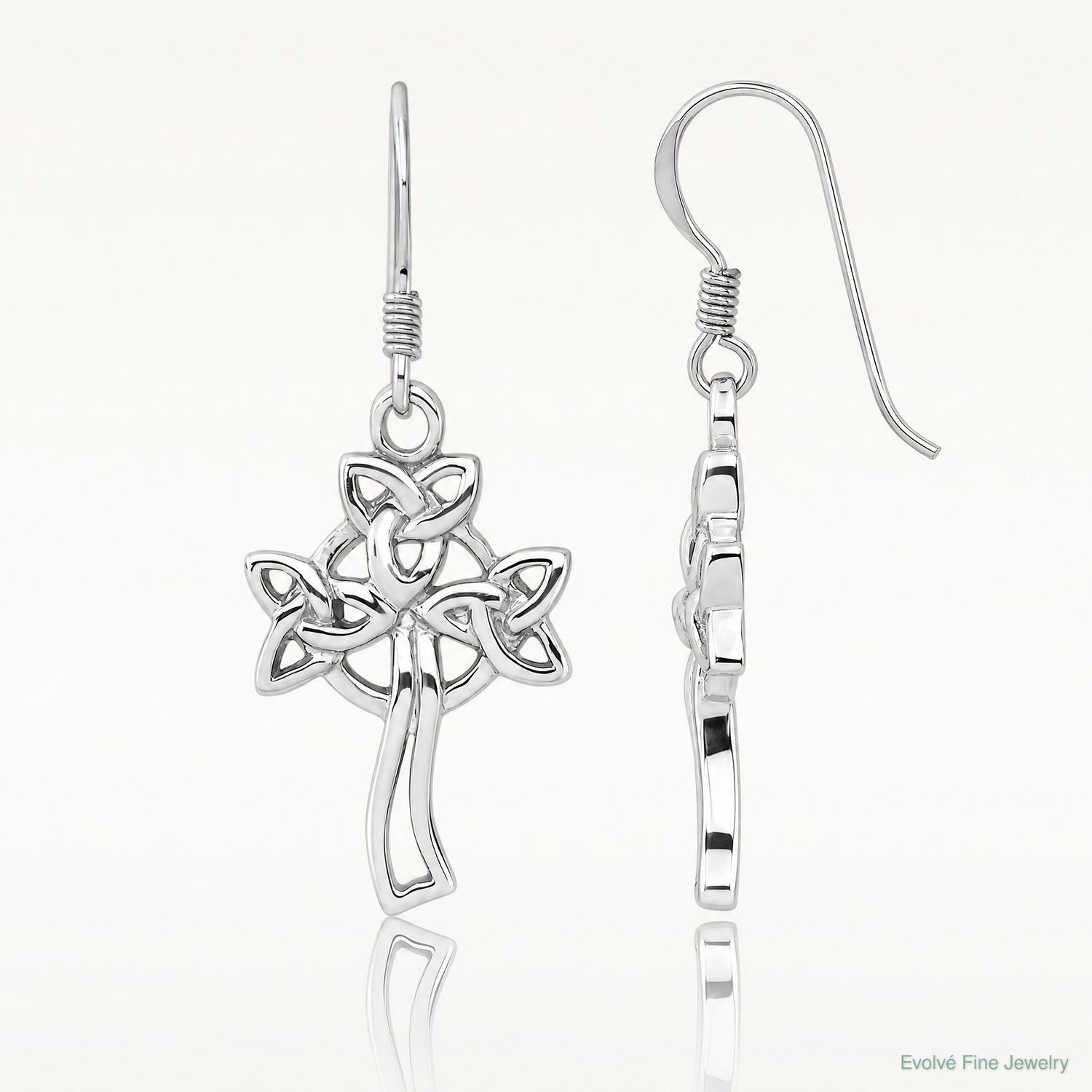 Sterling Silver Rhodium-Plated Polished Celtic Cross Dangle Earrings - Lifestyle View