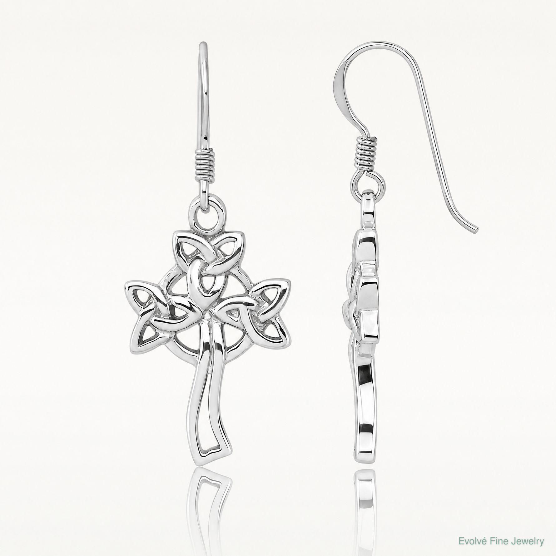 Sterling Silver Rhodium-Plated Polished Celtic Cross Dangle Earrings - Lifestyle View