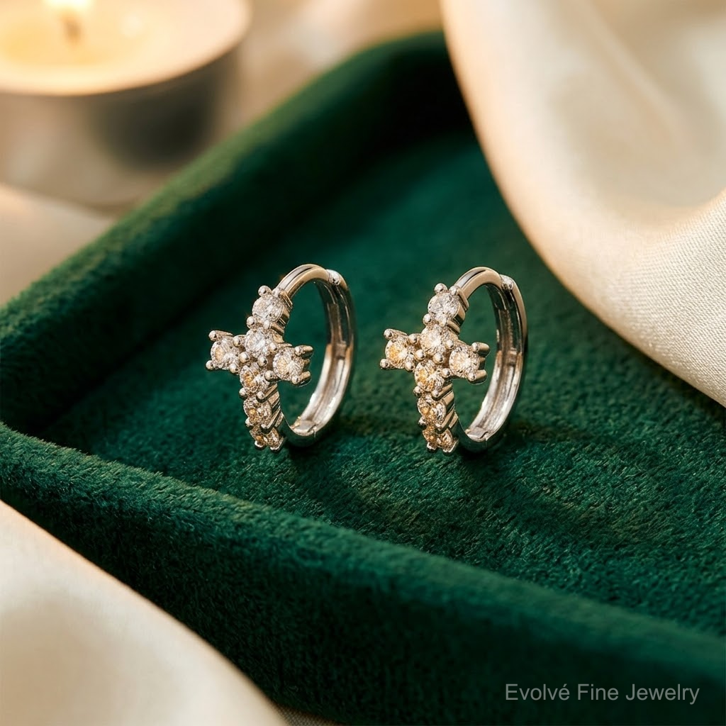 Sterling Silver RH-plated Polished CZ Cross Hinged Round Hoop Earrings - Lifestyle View