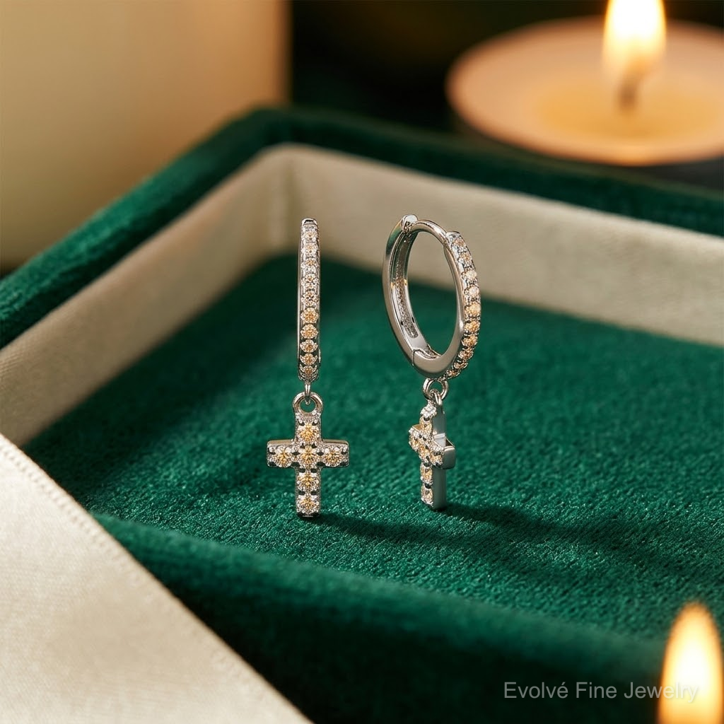 Sterling Silver RH-plated Polished CZ Cross Dangle Round Hoop Earrings - Lifestyle View