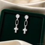 Sterling Silver RH-plated Polished & Textured CZ Cross Post Dangle Earrings - Lifestyle View