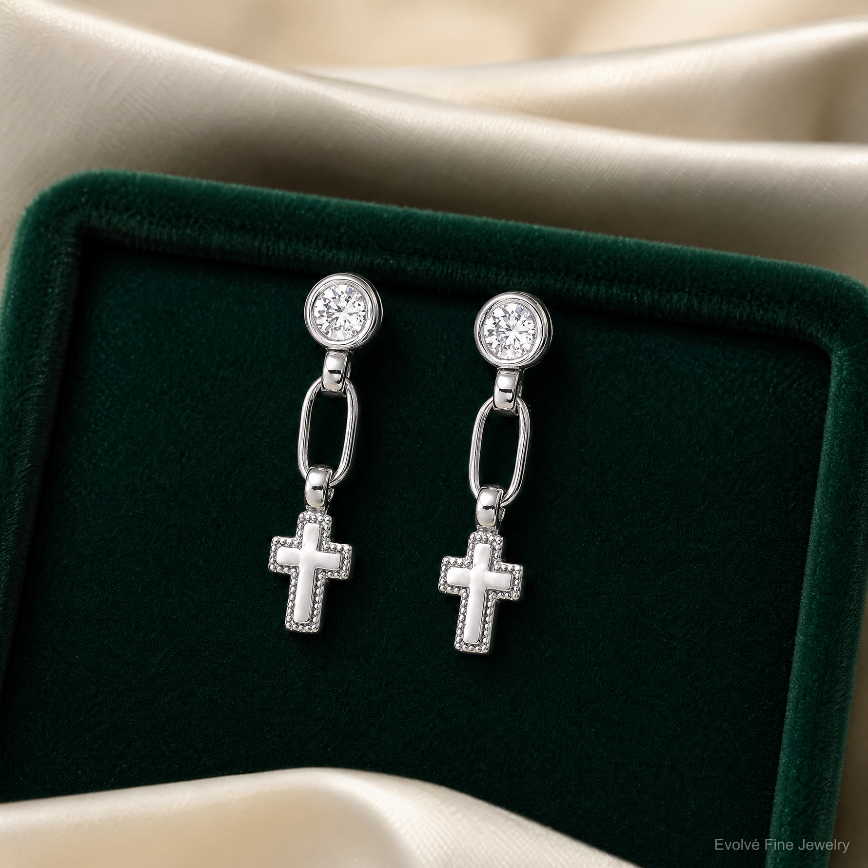 Sterling Silver RH-plated Polished & Textured CZ Cross Post Dangle Earrings - Lifestyle View