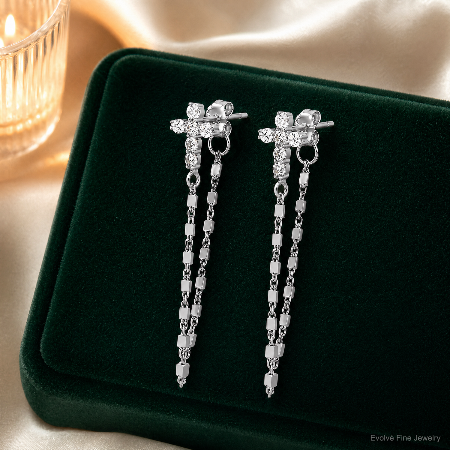 Sterling Silver RH-pltd CZ Cross w/Chain Front & Back Post Dangle Earrings - Lifestyle View