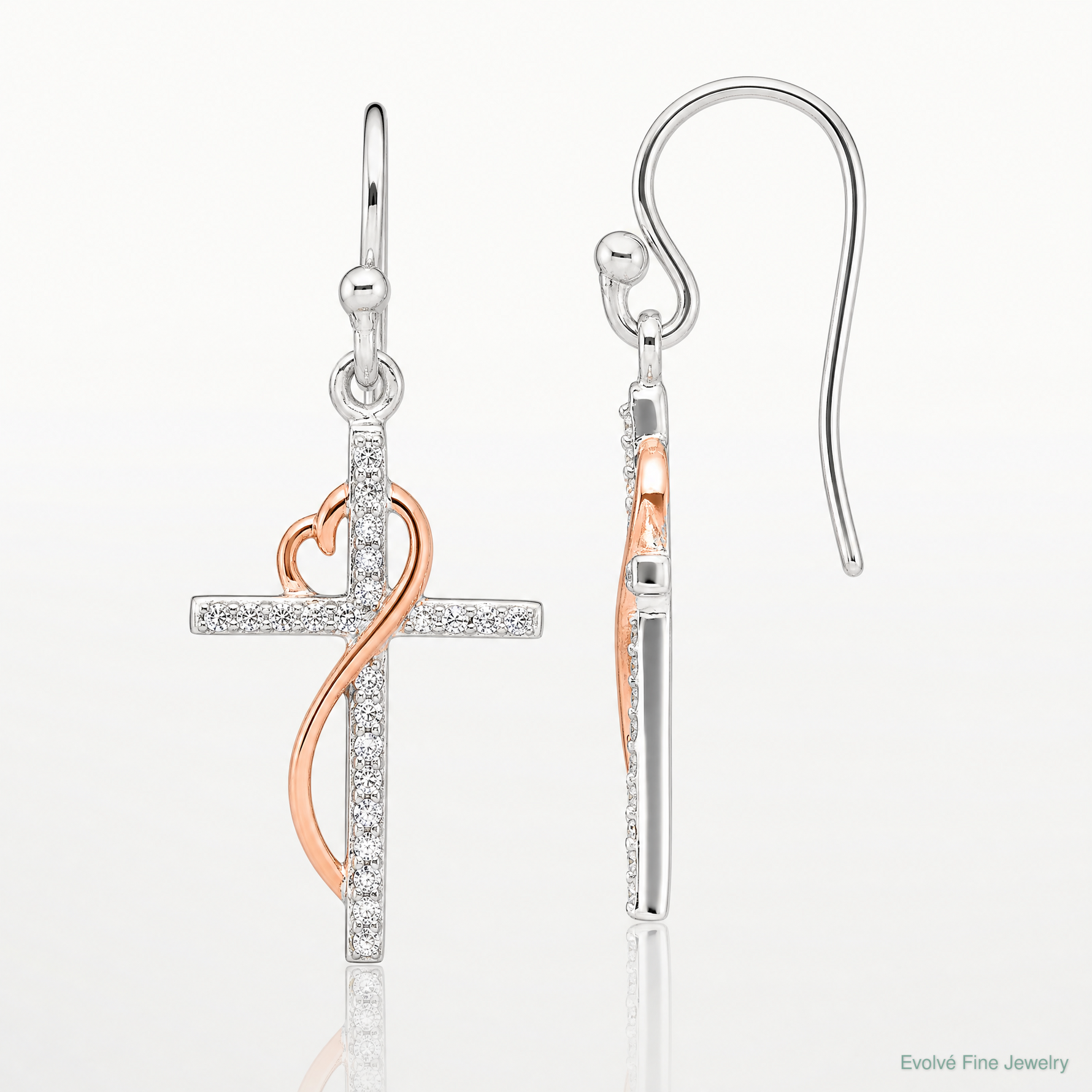 Sterling Silver & Rose-tone Polished CZ Heart Cross Dangle Earrings - Lifestyle View
