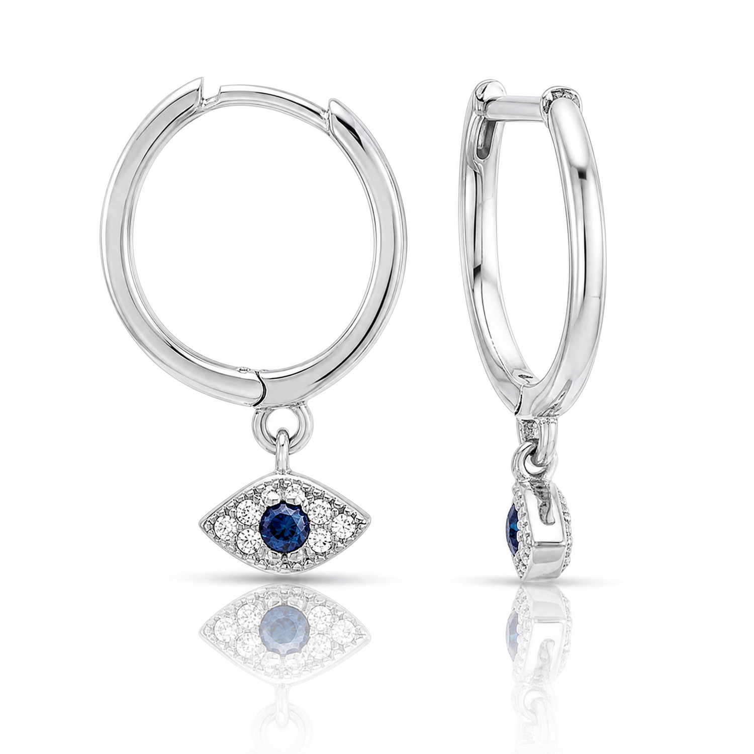 Sterling Silver RH-plated Blue & White CZ Evil Eye Dangle Hoop Earrings - Lifestyle View