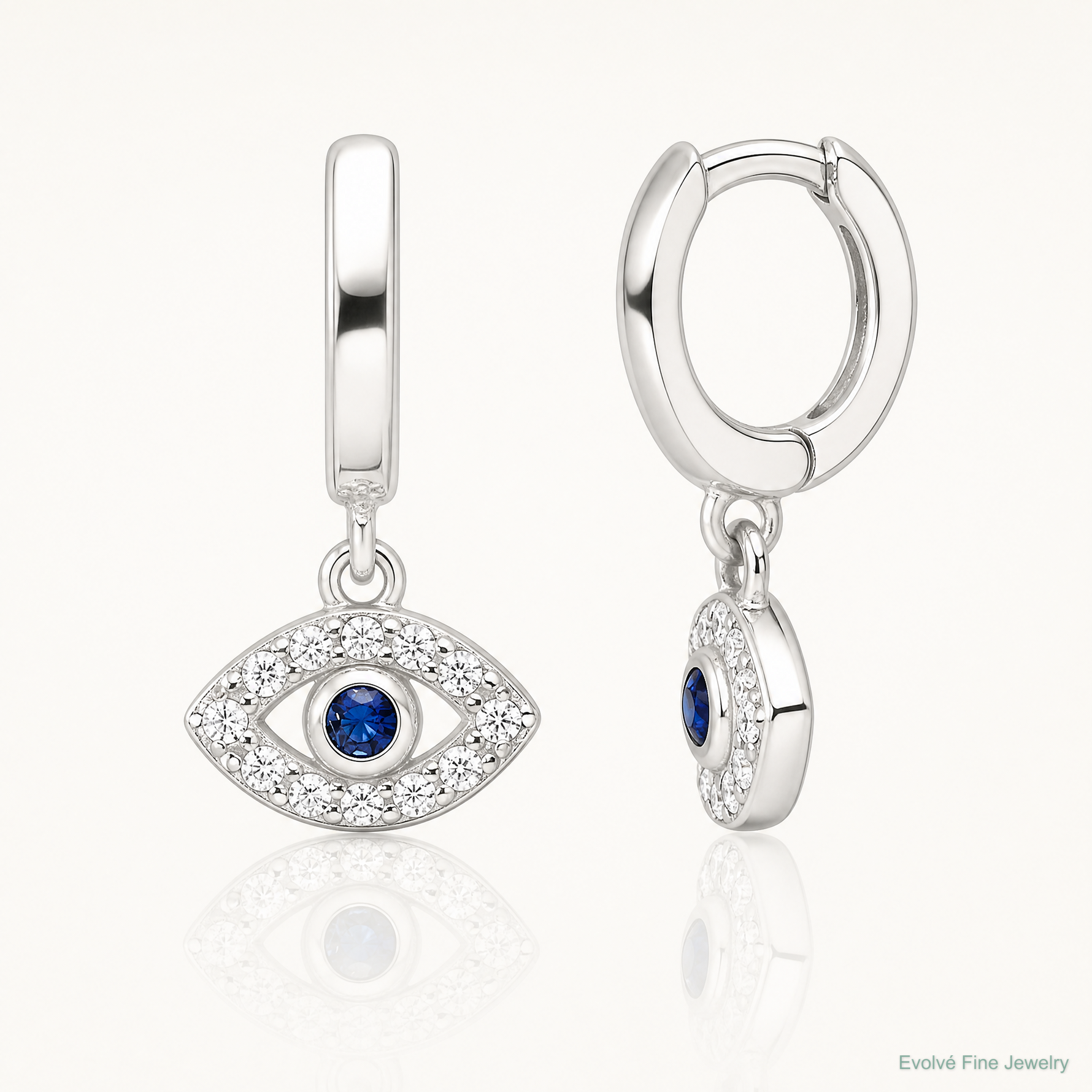 Sterling Silver E-Coating Blue & White CZ Evil Eye Dangle Hoop Earrings - Lifestyle View