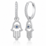 Sterling Silver RH-pltd Blue/White CZ Evil Eye Hamsa Dangle Hoop Earrings - Lifestyle View