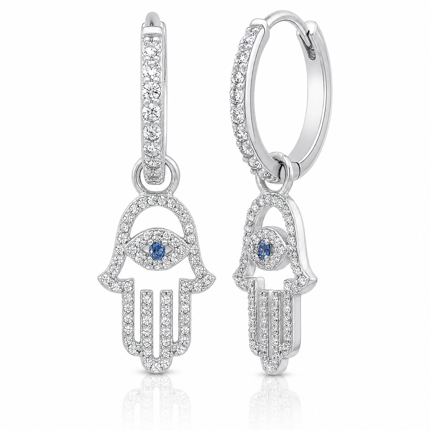 Sterling Silver RH-pltd Blue/White CZ Evil Eye Hamsa Dangle Hoop Earrings - Lifestyle View