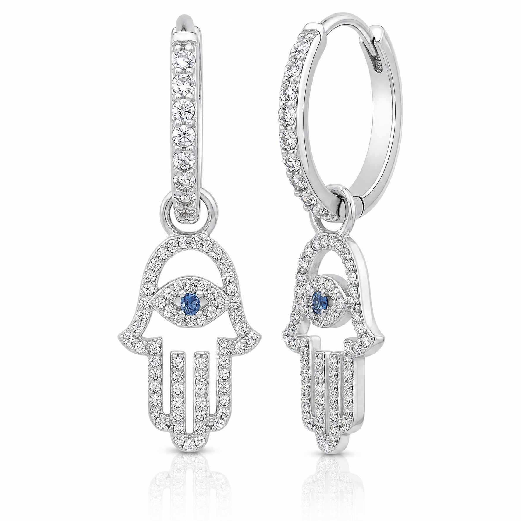Sterling Silver RH-pltd Blue/White CZ Evil Eye Hamsa Dangle Hoop Earrings - Lifestyle View