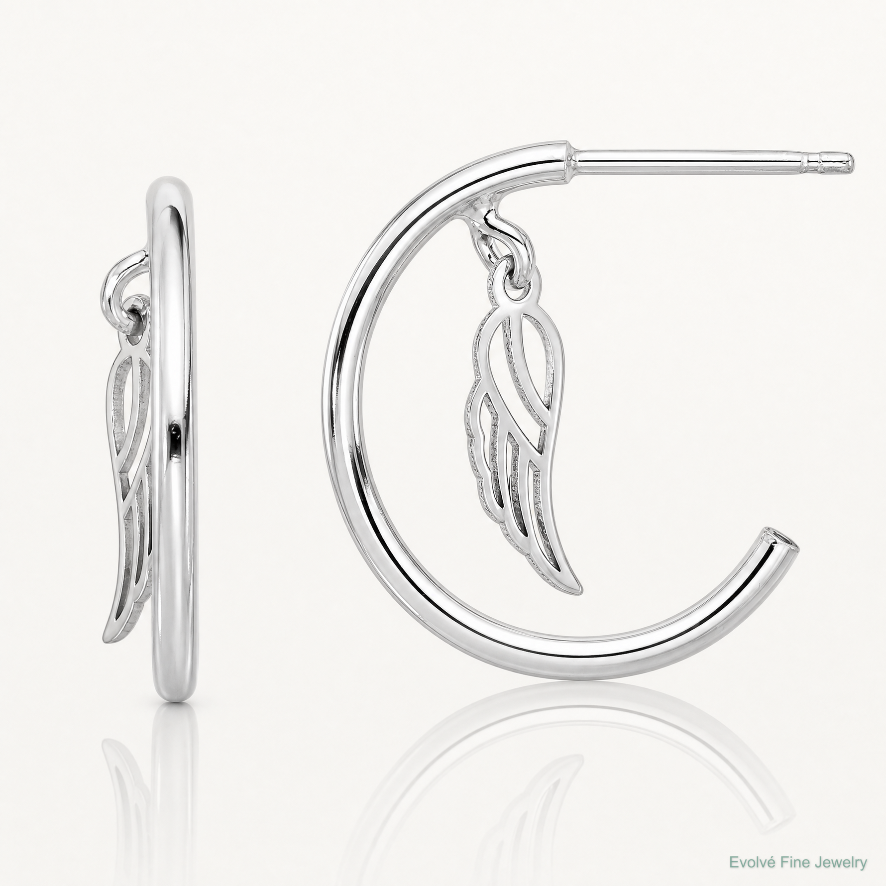 Sterling Silver RH-plated Polished Wings Dangle Post C-Hoop Earrings - Lifestyle View