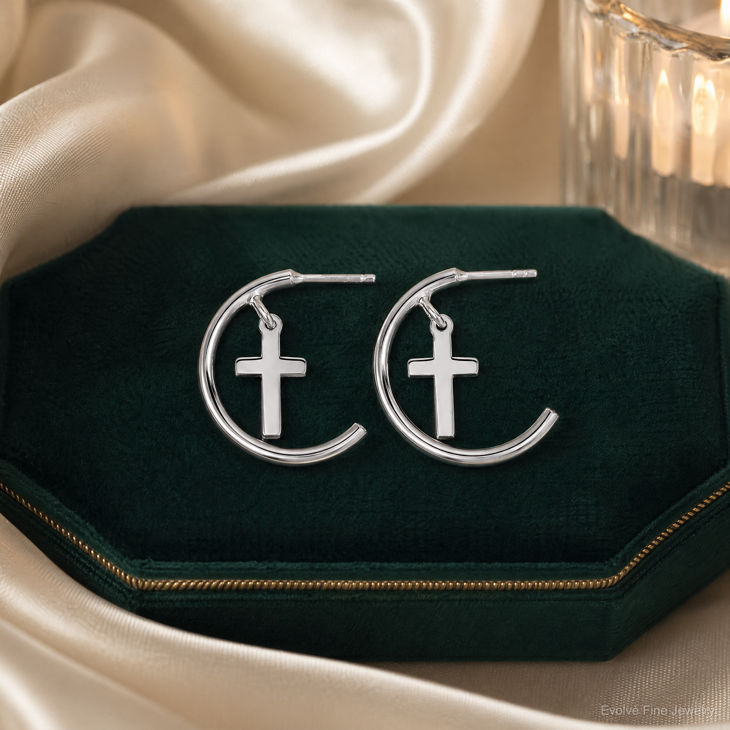 Sterling Silver Rhodium-plated Polished Cross Dangle Post C-Hoop Earrings - Lifestyle View
