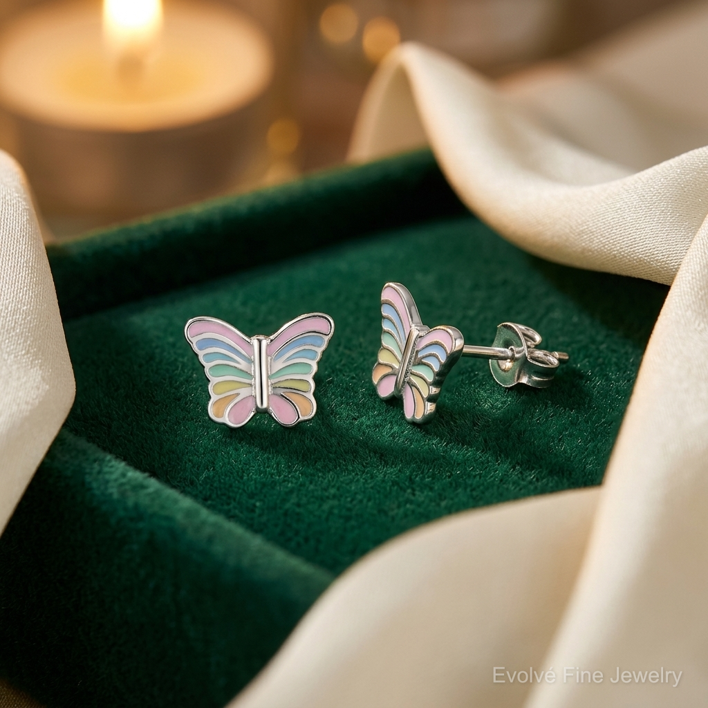 Sterling Silver RH-plated Rainbow Enamel Butterfly Children's Post Earrings - Lifestyle View