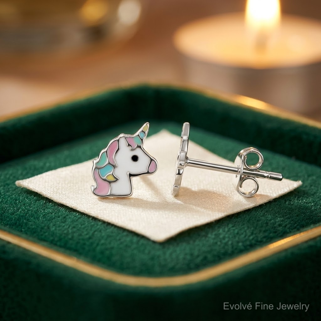 Sterling Silver Rhodium-plated Enameled Unicorn Children's Post Earrings - Lifestyle View