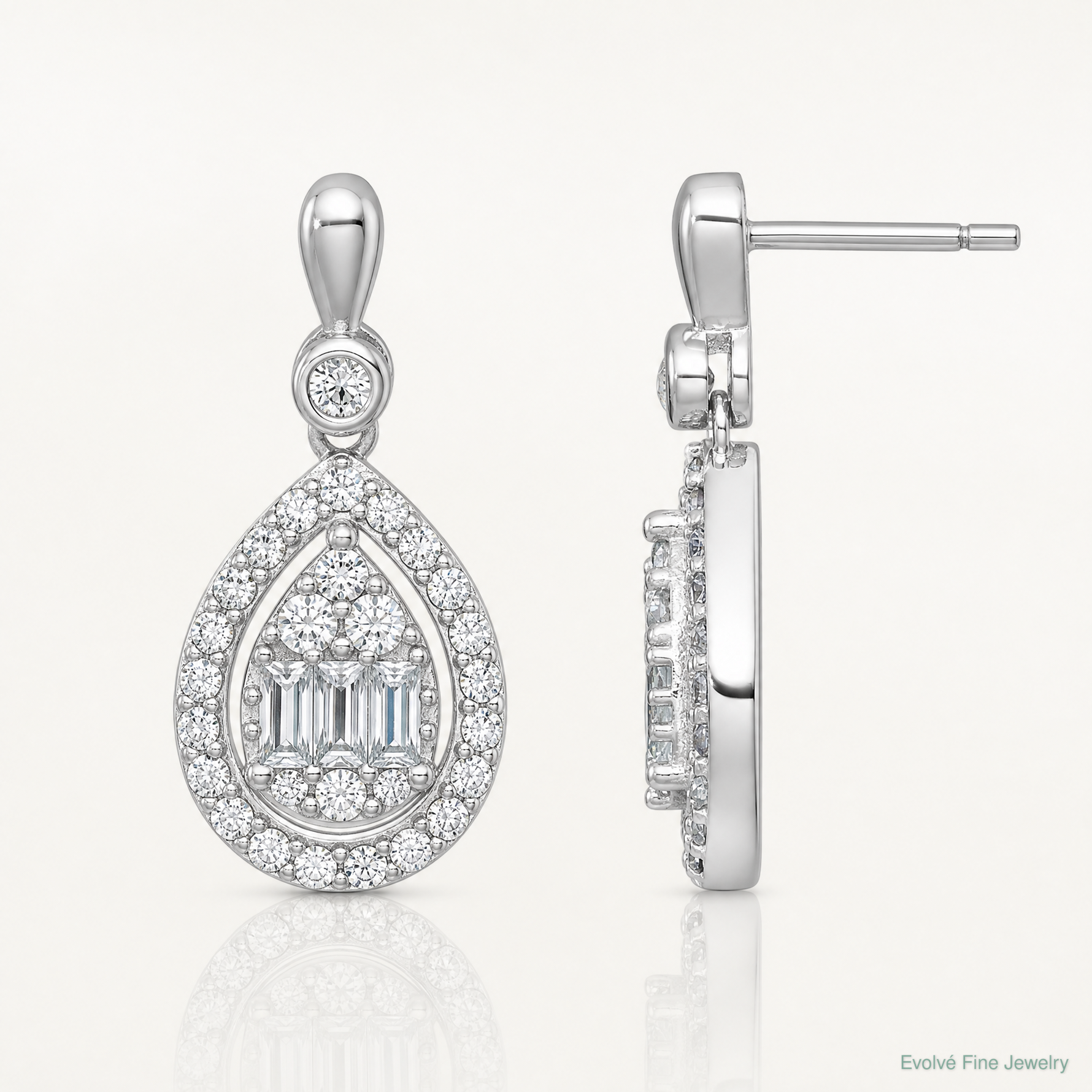 SS RH-plated Polished Fancy CZ Teardrop Post Dangle Earrings - Lifestyle View