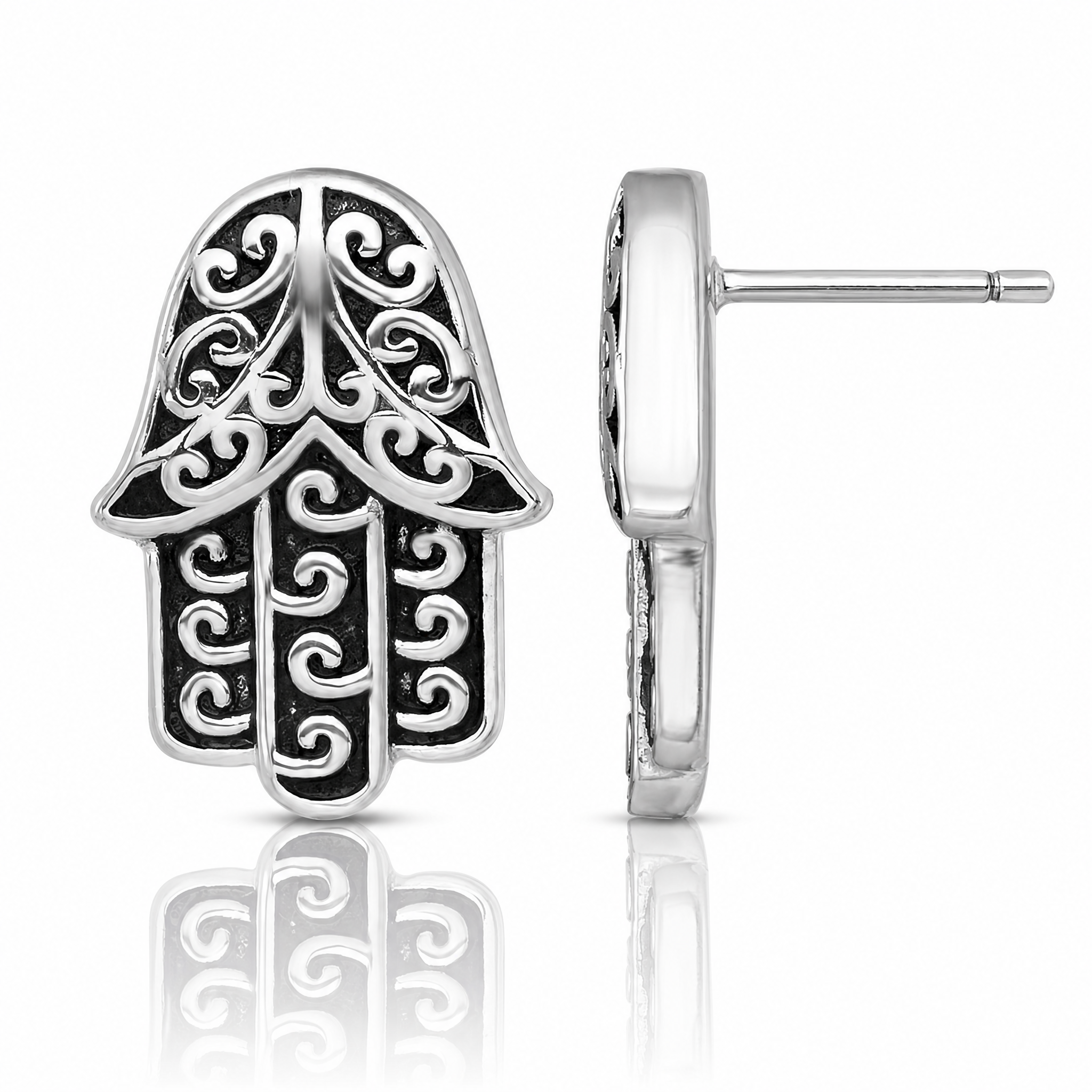 Sterling Silver RH-plated Polished/Oxidized Filigree Hamsa Post Earrings - Lifestyle View