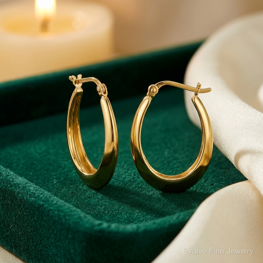 SS Gold-tone Polished Knife Edge Tapered Oval Hoop Earrings - Lifestyle View