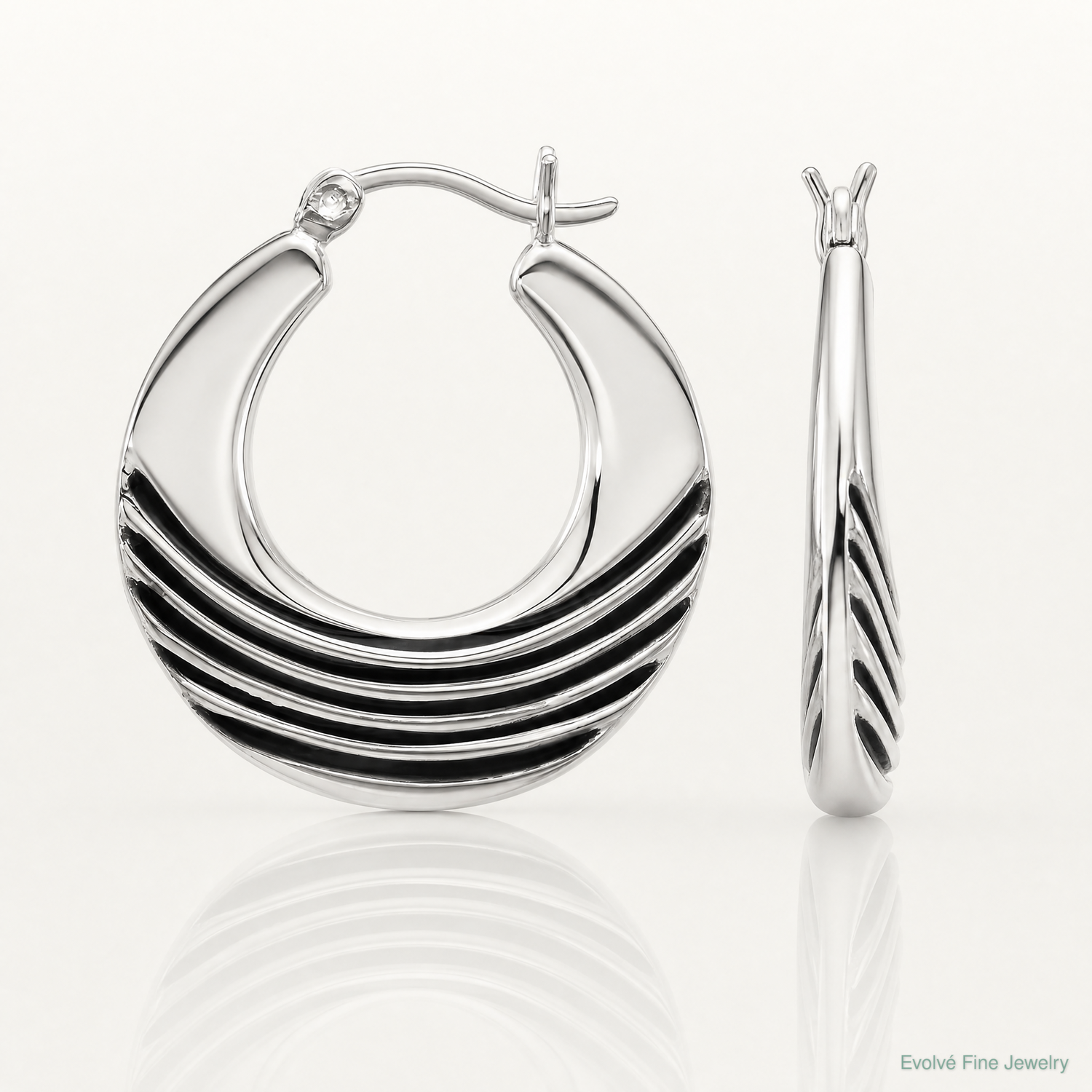 Sterling Silver Polished with Black Enamel Round Hoop Earrings - Lifestyle View